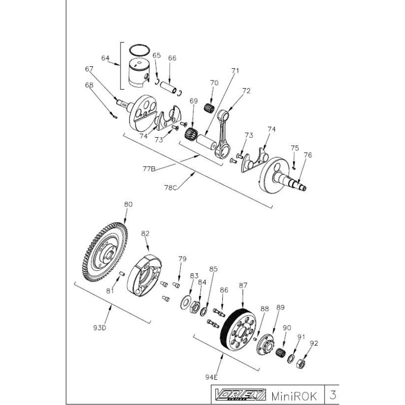Piston pin 8x12x33,9mm Minirok 60cc Vortex, mondokart, kart